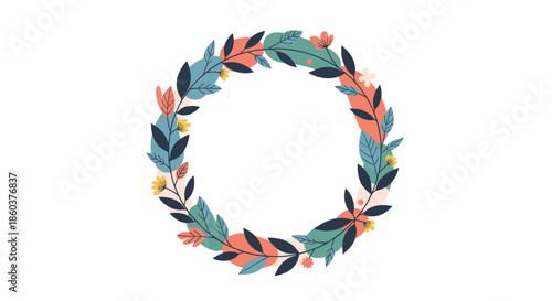 Artistic circular floral wreath features abstract teal and orange leaves with small yellow flowers for a modern and stylish graphic design.