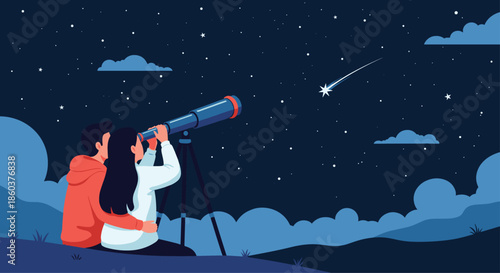 Romantic couple sits on a hill under a starry sky while looking through a telescope at a bright shooting star in a deep night sky setting.