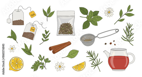 Detailed tea preparation elements include tea bags loose leaves cinnamon sticks lemon slices and a glass teapot for a cozy beverage set.