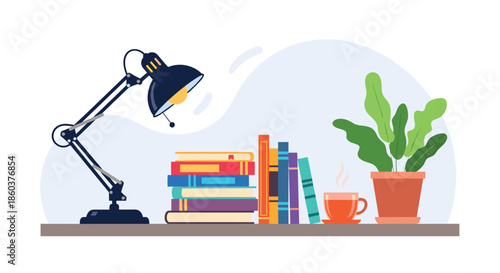 Stack of colorful books sits on a table alongside a glowing desk lamp a leafy green plant and a steaming hot cup of coffee for studying.