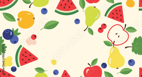 Vibrant fruit pattern showcases slices of watermelon whole apples and pears with blueberries for a fresh and healthy summer themed background.