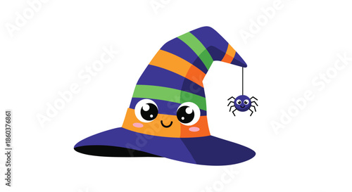 Adorable cartoon witch hat in purple and orange stripes features a friendly face and a small spider hanging from its point for Halloween.
