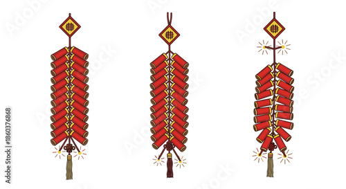 Traditional Chinese New Year firecrackers hang in three long strings with decorative knots to symbolize good luck and celebration in Asia.
