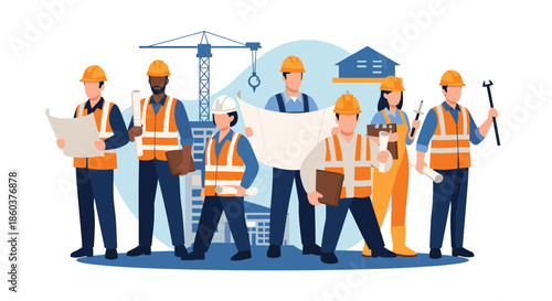 Professional team of architects and construction workers in safety vests and hard hats stand together in front of a building project site.