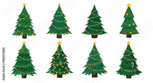 Collection of eight uniquely decorated Christmas trees with various ornaments lights and stars on top for holiday season festive celebrations.