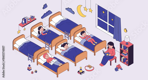 Children sleeping in multiple small beds in cozy bedroom while their teacher reads them a bedtime story at night in a preschool setting.
