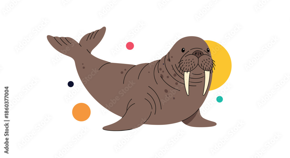 Fototapeta premium A charming cartoon illustration of a walrus with large tusks, surrounded by colorful abstract circles, on a white background.