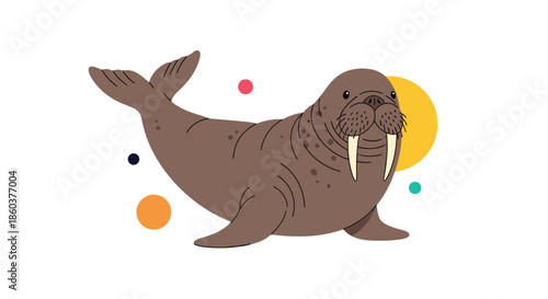 A charming cartoon illustration of a walrus with large tusks, surrounded by colorful abstract circles, on a white background.