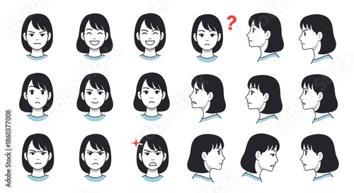 Set of anime style character expressions for a young girl showing different human emotions like happy, sad, angry, and surprised faces.