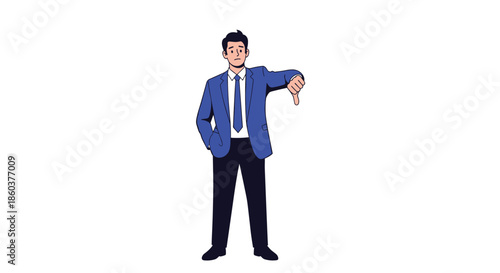 Professional businessman in a blue suit and tie giving a thumbs down gesture expressing disapproval or rejection of a new business proposal.