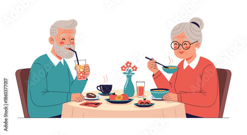 Happy elderly couple enjoying a healthy meal together at a table with hot soup, bread, and drinks in a cozy and warm home dining setting.