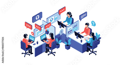 Isometric view of a modern call center with various professionals working at desks with computers and headsets in a shared business office.