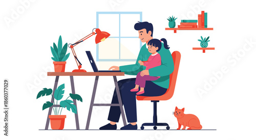 Focused man working on his laptop in a home office while his young daughter sits on his lap next to their orange pet cat at the wooden desk.