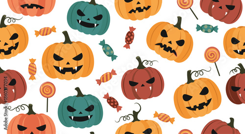 Fun halloween themed seamless pattern featuring jack-o-lantern pumpkins with various expressions and colorful candies on white background.