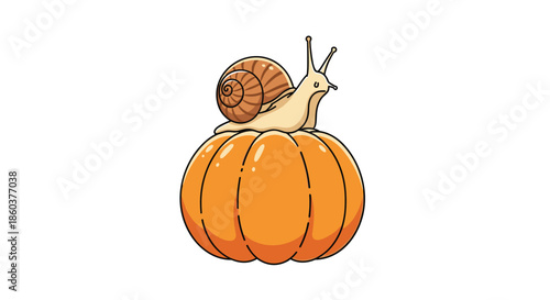 Cute cartoon snail with a striped shell slowly crawling on top of a large orange pumpkin for autumn, harvest, and halloween related themes.