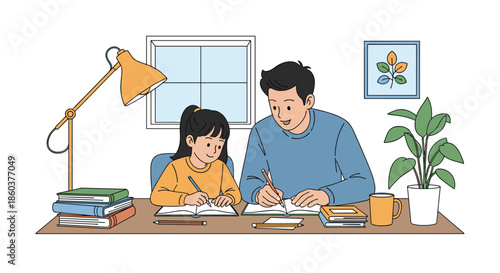 Caring father sitting at a desk helping his young daughter with her school homework and studies in a cozy home environment.