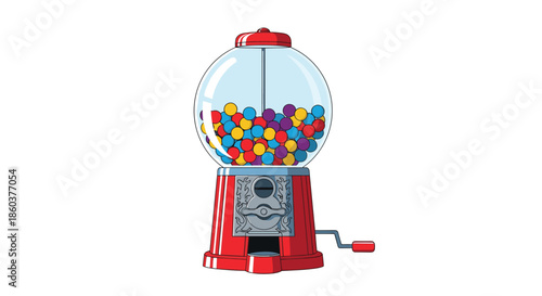 Classic vintage red gumball machine filled with a vibrant assortment of multicolored candy balls against a plain white background.