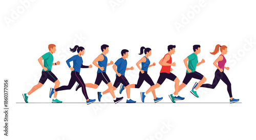 Group of diverse men and women in athletic wear running together during a marathon or fitness training session on a white background.