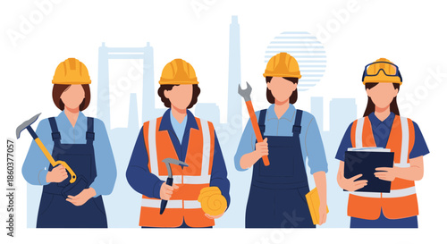Group of diverse professional female construction workers and engineers wearing safety gear and holding tools against an industrial city skyline.