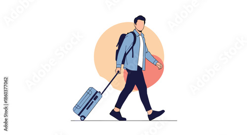 Young man walking while carrying a backpack and pulling a suitcase prepared for travel, vacation, or a business trip.