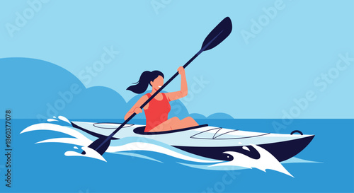 Active young woman enjoying a kayaking adventure on the bright blue sea with splashing waves under a clear sky.