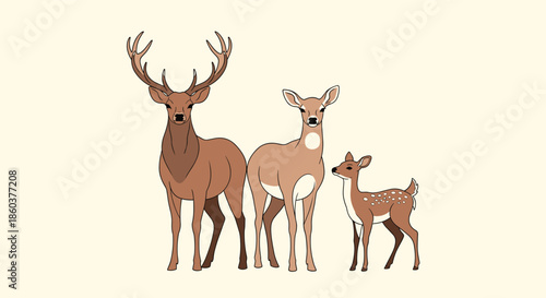 A charming illustration of a deer family, featuring a majestic stag, a gentle doe, and an adorable spotted fawn, standing together.