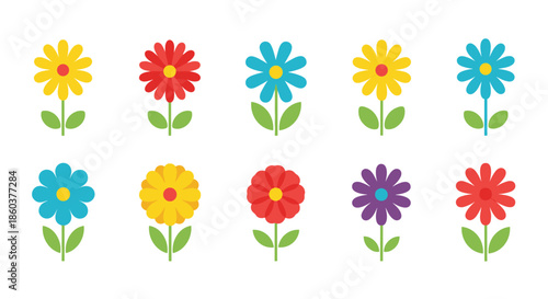 A cheerful collection of colorful cartoon flowers, featuring yellow, red, blue, and purple blossoms with green stems and leaves, on white.