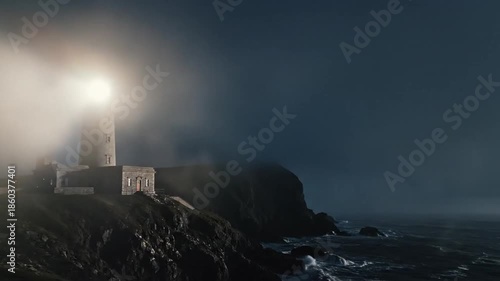 A dramatic nighttime scene featuring a lighthouse illuminating the rocky coastline, with waves crashing against the shore and mist enveloping the surroundings, creating a moody atmosphere