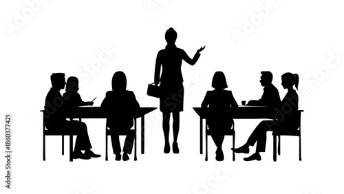 Classroom Seminar Silhouette with Teacher Presenting to Students in Workshop Isolated