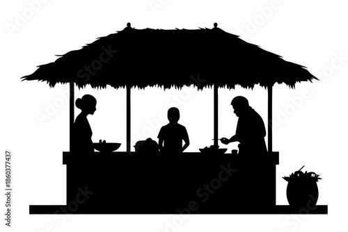 Street Food Stall Silhouette Local Market Vendor with Customers under Thatch Roof