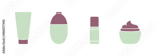 Fascial and skin care, beauty product theme. Vector flat illustration in a modern style. Assortment of different makeup bottles. Cleanser, exfoliator, mask, eye and face cream, sun protection icon set