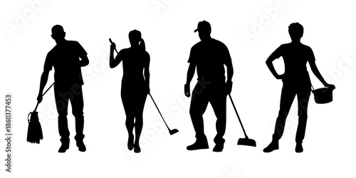 Professional Cleaning Service Crew Silhouette Team with Mops and Buckets Isolated
