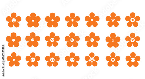 A collection of vibrant orange five-petal flower icons featuring diverse center patterns like smiley faces, stars, and dots, perfect for playful and retro designs.
