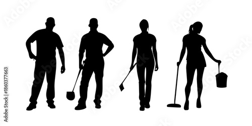 Professional Cleaning Service Crew Silhouette Team with Mops and Buckets Isolated