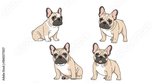 Four adorable fawn-colored French Bulldog puppies with dark masks in various poses, depicted in a clean cartoon style, isolated on a white background.