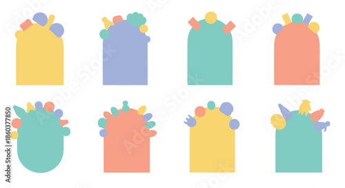 A collection of abstract pastel-colored arch and oval shapes adorned with various small decorative elements on a white background.