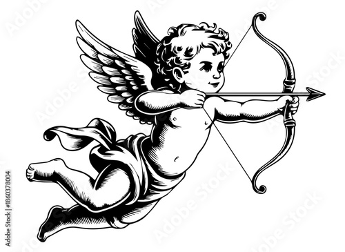 Drawing of adorable Cupid with bow illustration. God of love, Amor, Eros or mythological character with wings. Monochrome vector illustration.