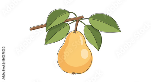 A vibrant yellow pear with lush green leaves gracefully hangs from a sturdy brown branch, depicted in a charming cartoon style on a white background.