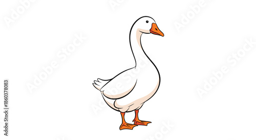 A cheerful cartoon white goose with an orange beak and webbed feet stands calmly, isolated on a clean white background.