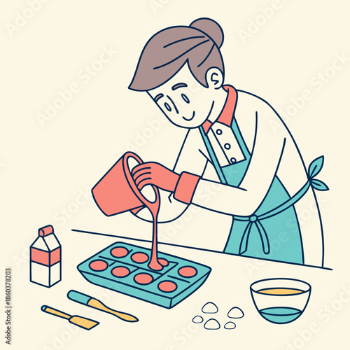 Woman pouring liquid into chocolate mold