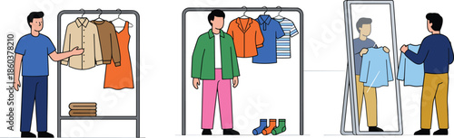 Clothing selection, fashion shopping, wardrobe try-on, mirror fitting, apparel rack, socks, shirts, flat vector illustration, retail scene