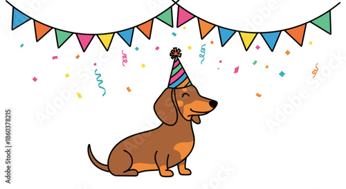 A joyful brown dachshund sits patiently, adorned with a festive party hat, surrounded by colorful confetti and a cheerful banner.