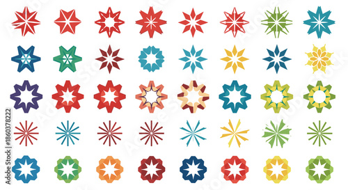 Abstract set of colorful geometric star and gear shapes, perfect for diverse design elements, logos, or patterns.