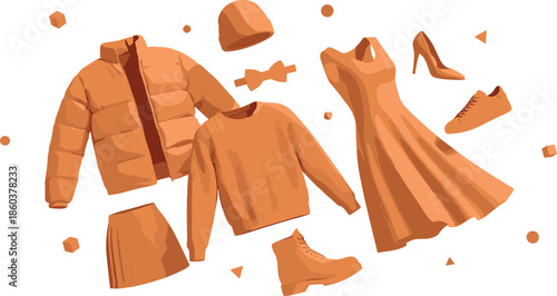 Fashion items, winter clothing, orange outfit, trendy accessories, boots, sneakers, dress, jacket, skirt, stylish wardrobe, flat vector illustration
