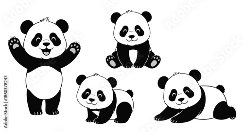 A collection of four adorable cartoon baby pandas in various playful poses on a clean white background.