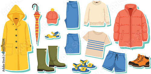 Flat vector illustration of seasonal clothing set, weather-ready fashion items, rainwear, cold gear, summer outfit, stylish wardrobe concept