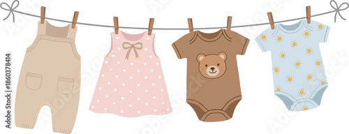 Baby clothes, cute outfits, parenting theme, clothesline display, infant fashion, nursery style, flat vector illustration, toddler apparel, newborn wear