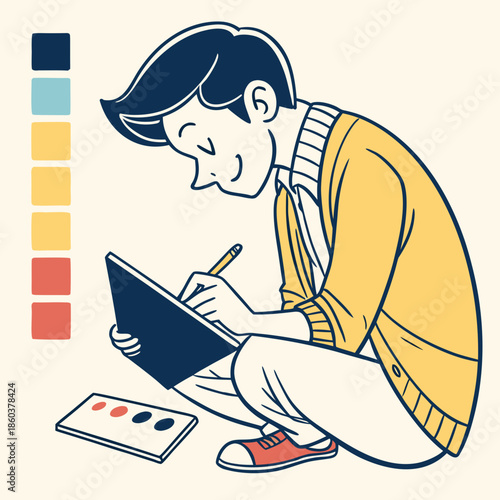 Young artist drawing in a sketchbook with color palette
