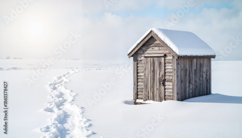 Wooden shed in snow-covered landscape