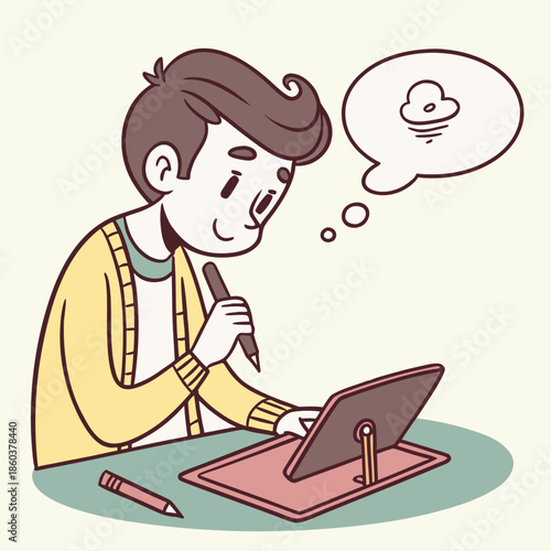 Young artist drawing on a digital tablet with stylus